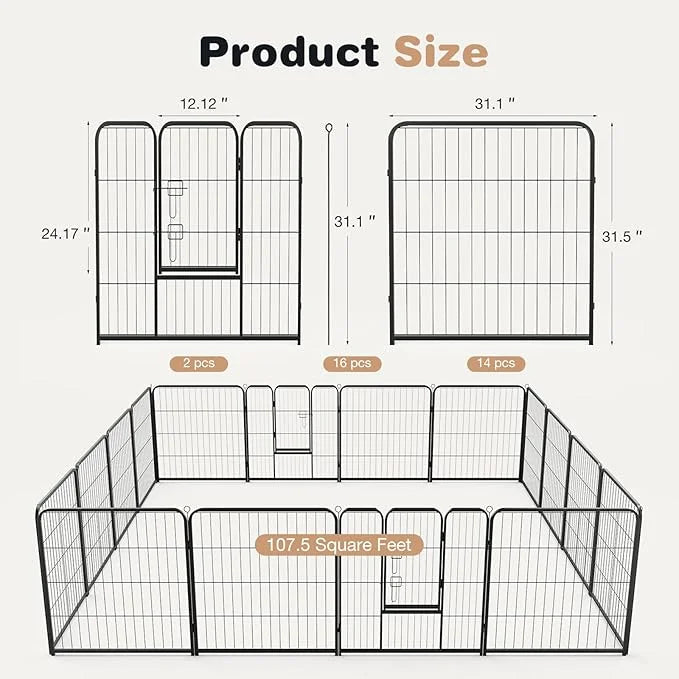 Heavy-Duty Iron Dog Playpen – 16 Panel 32” Durable, Rust-Resistant Pet Fence for Indoor & Outdoor Use, Secure & Spacious P...