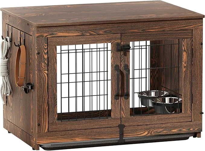 Piskyet Wooden Dog Crate Furniture with 360°Rotatable Removable Dog Bowls, Dog Crate End Table with Tray, Double Doors Dog...