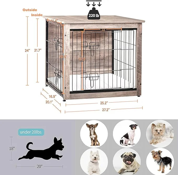 DWANTON Dog Crate Furniture with Cushion, Wooden Kennel Table with Double Doors, Indoor Dog House, Small/Medium/Large/Extr...