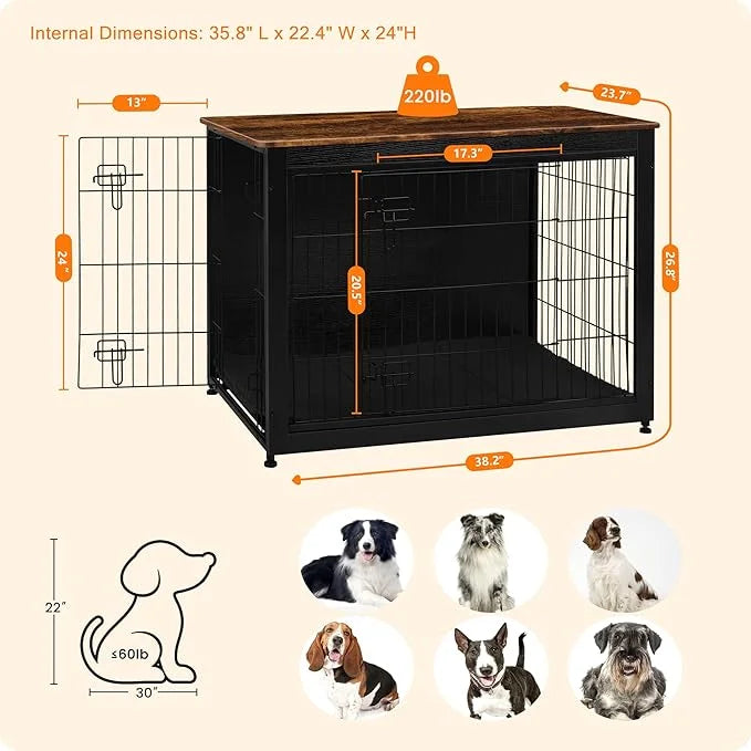 DWANTON Dog Crate Furniture with Cushion, Wooden Kennel Table with Double Doors, Indoor Dog House, Large Size, 38.5" L, Bl...