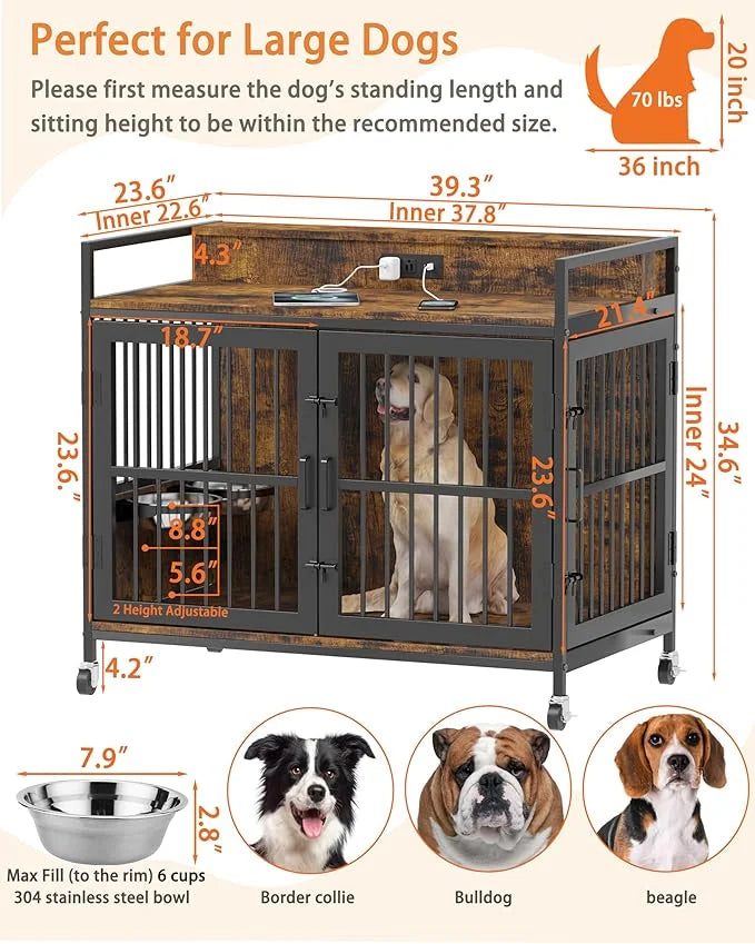 Piskyet Large Dog Crate Furniture,Heavy Duty Dog Crate Table with Charge Station and Storage&360°Rotatable Feeder and Stai...