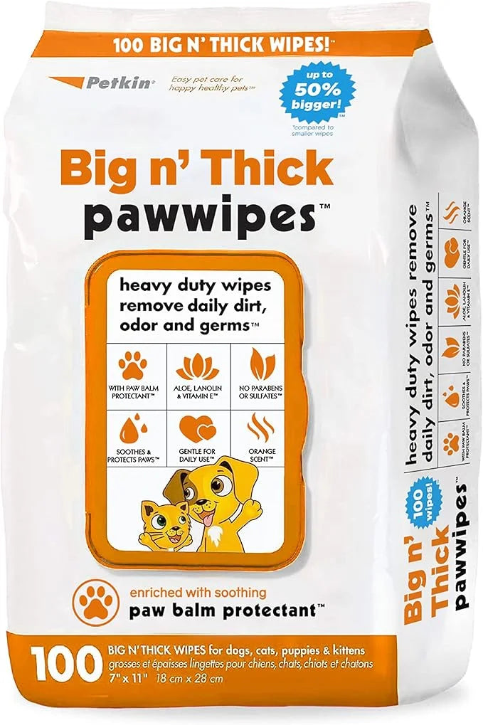 Petkin Big N' Thick Paw Wipes for Dogs, 100 Large Wipes - Clean Dirty Paws After Muddy Walks, with Paw Balm Protectant - K...