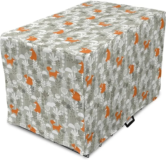 Lunarable Autumn Fall Dog Crate Cover, Fox Animal Sleeping in The Forest Plants Woodland Wildlife Theme, Easy to Use Pet K...