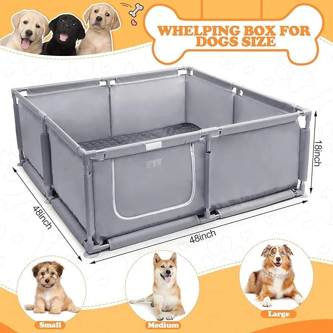 Whelping Box for Dogs and Puppies 48x48x18 inch Pet Whelping Box with Washable Pee Pads and Collapsible Dog Bowl for Mediu...