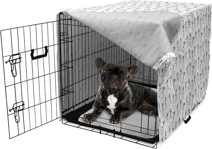 Lunarable Skull Dog Crate Cover, Cartoon Pattern of Monochrome Skeletons Halloween Themed Illustration Horror, Easy to Use...