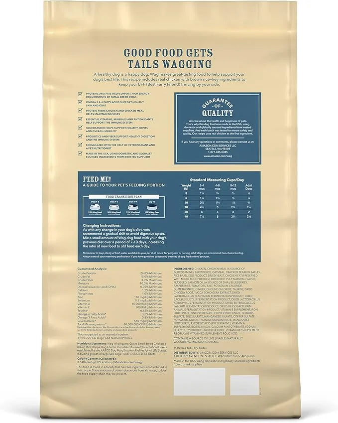 Amazon Brand – Wag Small Breed Dry Dog Food, Chicken and Brown Rice, 15 lb Bag - Product Image