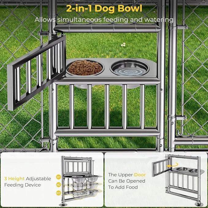 10 x 10FT Large Outdoor Dog Kennel with Bowls, Dog Kennel Outside with Waterproof Cover Roof, Galvanized Heavy Duty Chain ...