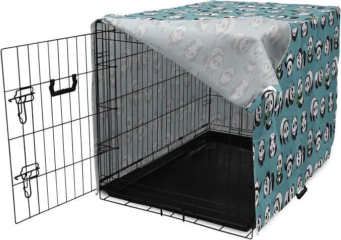 Lunarable Panda Dog Crate Cover, Cartoon Style Pandas Eating Branches Bear Poses in Sleeping and Rolling, Easy to Use Pet ...