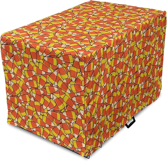 Lunarable Candy Corn Dog Crate Cover, Continuous Illustration of Cartoon Style Traditional Halloween Items, Easy to Use Pe...