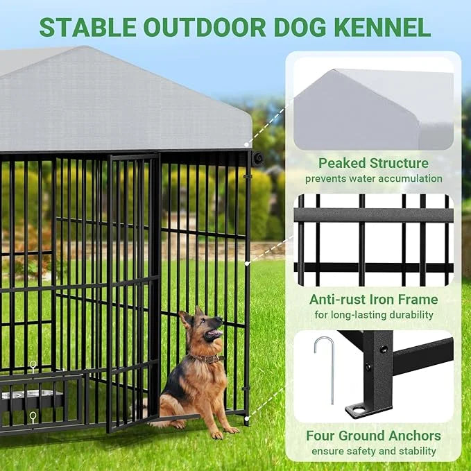 Outdoor Dog Kennel - 6.6 x 6.6 x 6.4 ft Outside Dog Kennel with Roof, Large Dog Outdoor Kennel with Rotating Feeding Bowls...