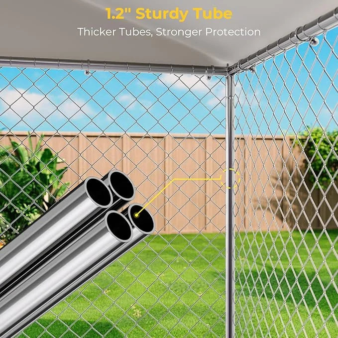 10 x 15FT Large Outdoor Dog Kennel with Bowls, Dog Kennel Outside with Waterproof Cover Roof, Galvanized Heavy Duty Chain ...
