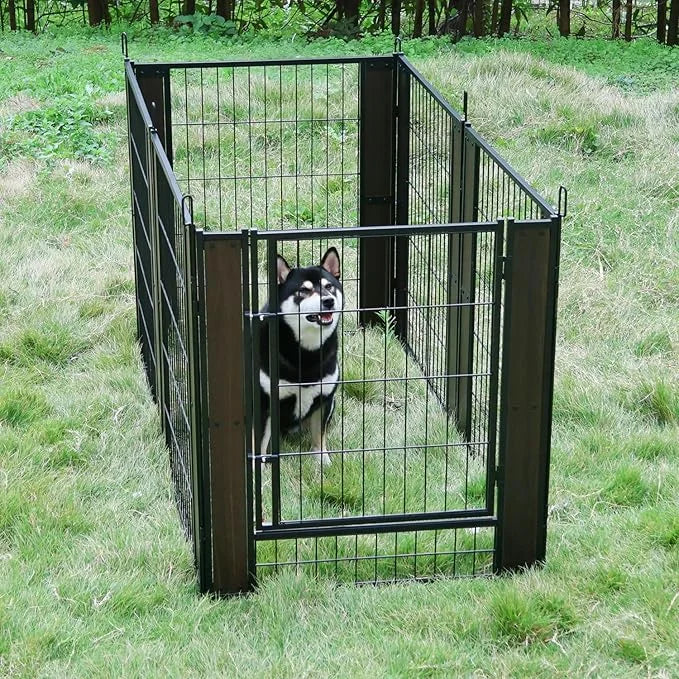 Heavy Duty Dog Playpen - 32 Inch Height, Black Walnut, Variable Shape, Indoor/Outdoor, Foldable, Suitable for Medium, Smal...