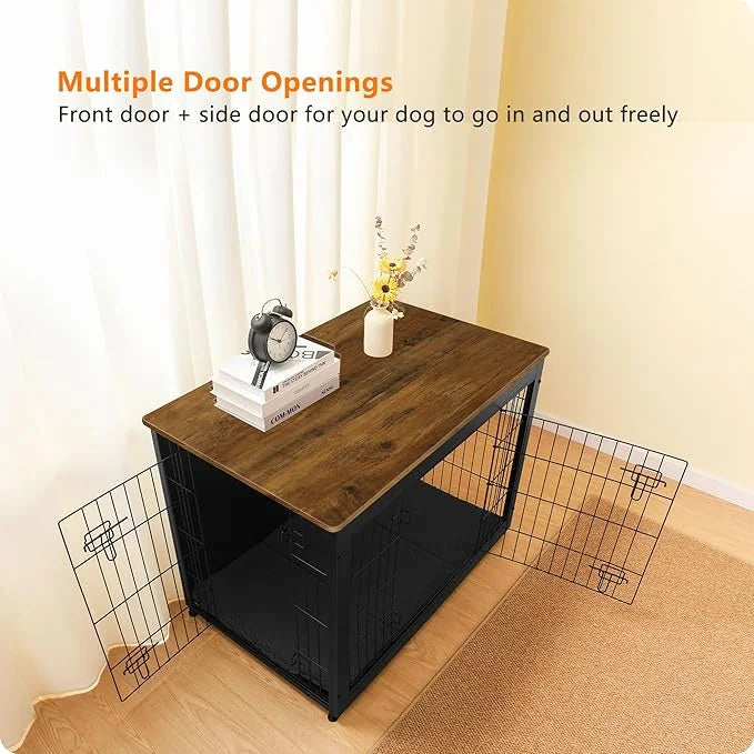 DWANTON Dog Crate Furniture with Cushion, Wooden Kennel Table with Double Doors, Indoor Dog House, Large Size, 38.5" L, Bl...