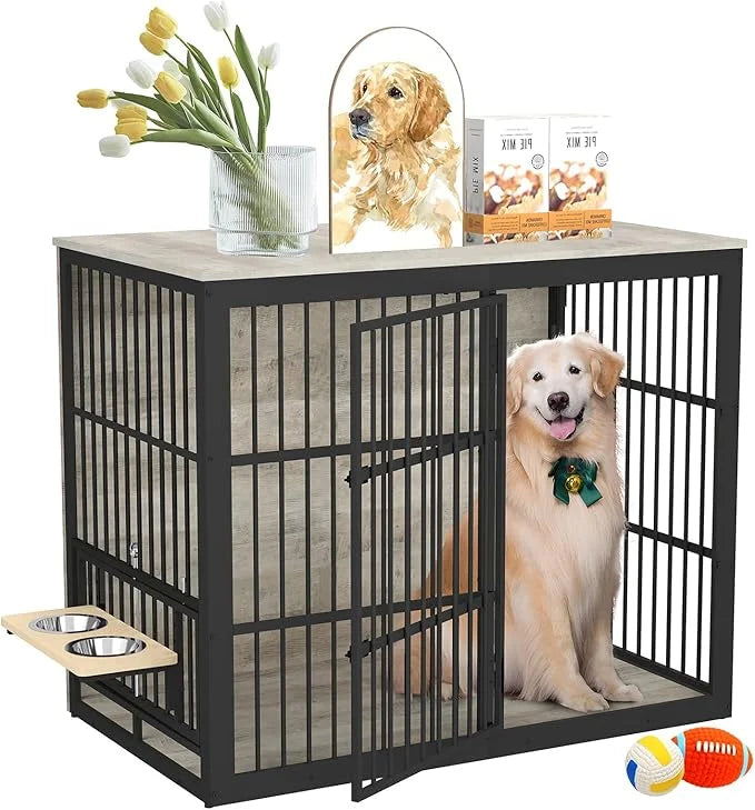 Dog Crate Furniture, 48 Inch Dog Kennel Furniture, Wooden ๐og Crate Furniture Large Breed with Rotating ๐og Bowls, Heavy D...