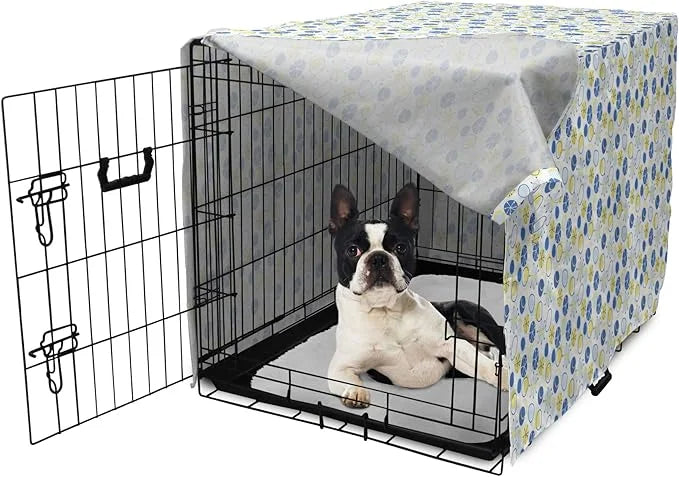 Lunarable Yellow and Blue Dog Crate Cover, Random Doodle Circles Abstract Floral Pattern, Easy to Use Pet Kennel Cover for...