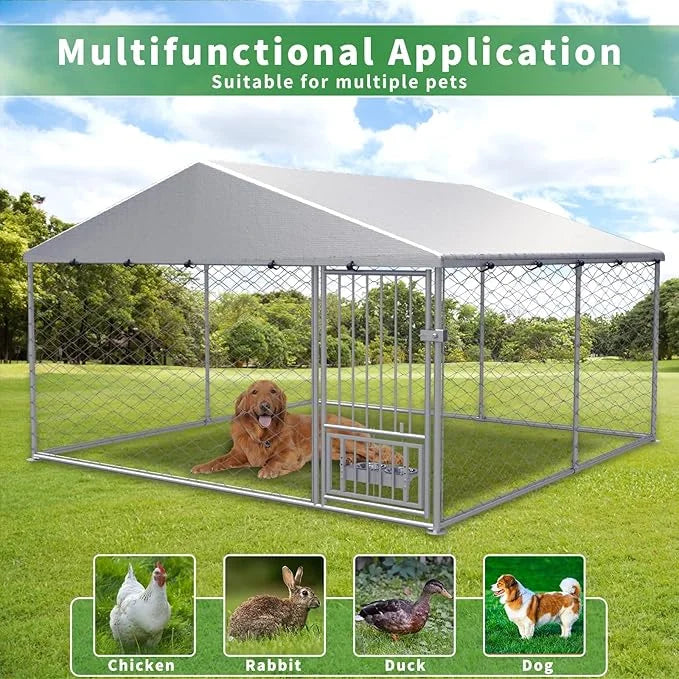 Rovibek Dog Kennel Outside, Outdoor Dog Kennel with Roof, 10'×10' Puppy Enclosure Outside, Out-Side with 2 Stainless Steel...