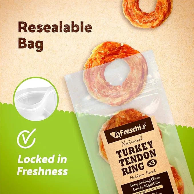 Afreschi Turkey Tendon for Dogs, Small Rope 6 Pieces per Pack, USA-Sourced Turkey, All Natural Human Grade Puppy Chew, Hyp...