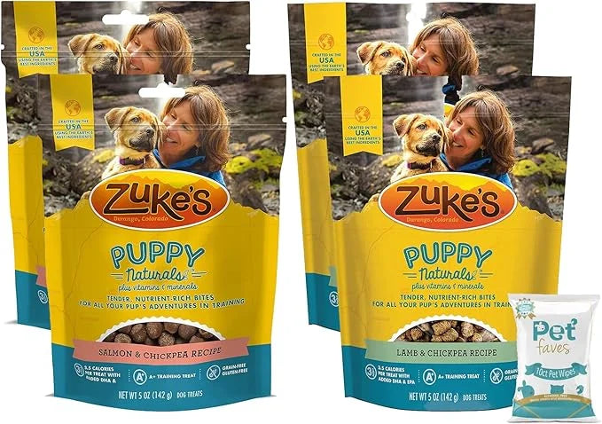 (4 Pack) Zuke Puppy Naturals Training Dog Treats Crafted in The USA, Salmon and Lamb 5oz with 10ct Pet Wipes 5 Piece Set -...