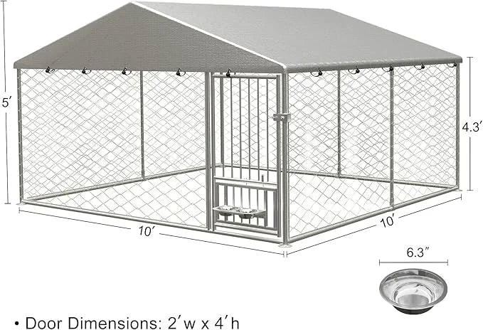 Large Outdoor Dog Kennel, Heavy Duty Galvanized Steel Dog Enclosure with Swivel Feeder, Chicken Coop w/Waterproof UV-Resis...