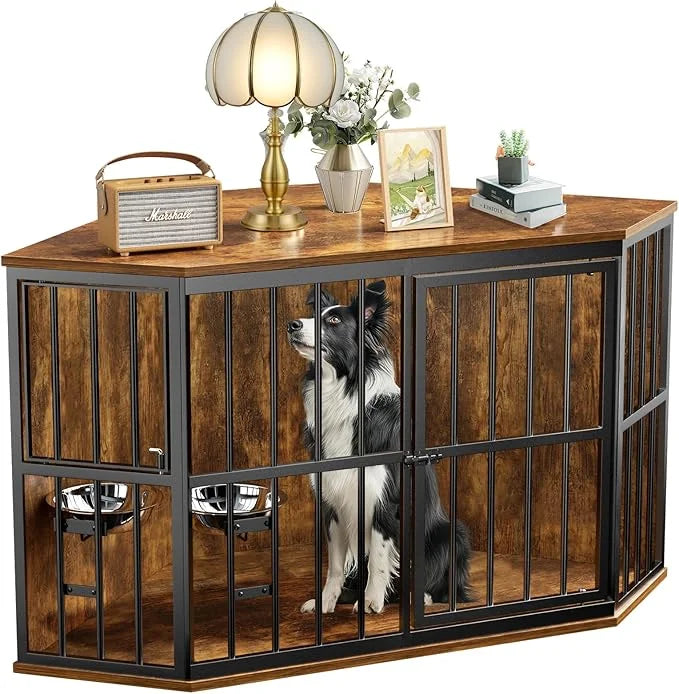 Large Dog Crate Furniture, 53โ Heavy Duty Corner Dog Crate with 2 Stainless Steel Bowls, Dog Kennel Furniture Style House,...