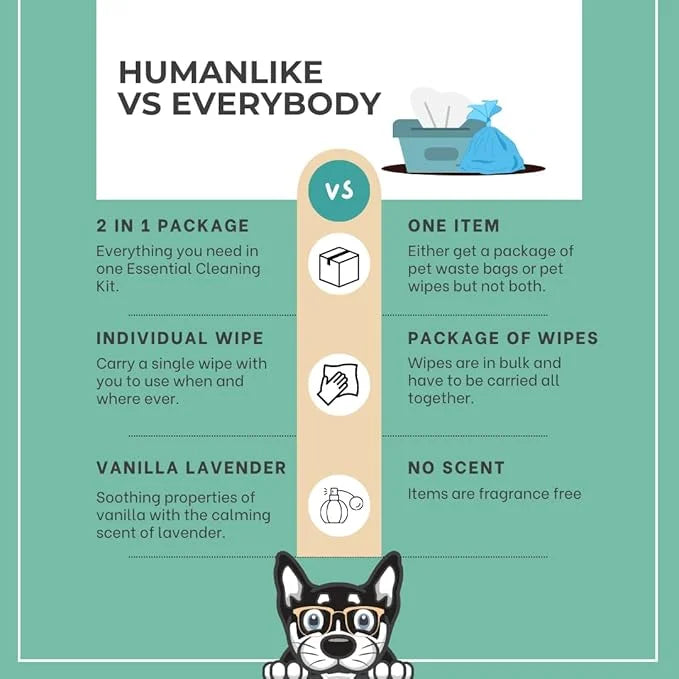 Vanilla Lavender Scent 180 Dog Poop Bags Rolls (12 rolls) & 25 Individual Pet Wipes - 2 in 1 Calming Cleaning Kit for Pet ...
