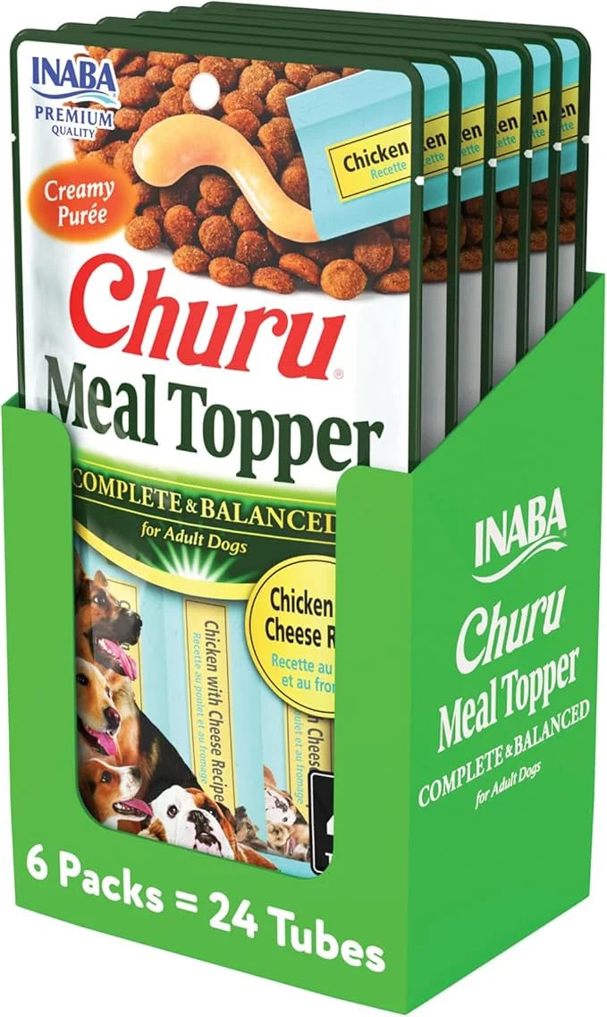 INABA Churu Meal Topper for Dogs, Complete & Balance, Creamy, Lickable Purée Dog Food Topper, 0.5 Ounce Tube, 24 Tubes (4 ...