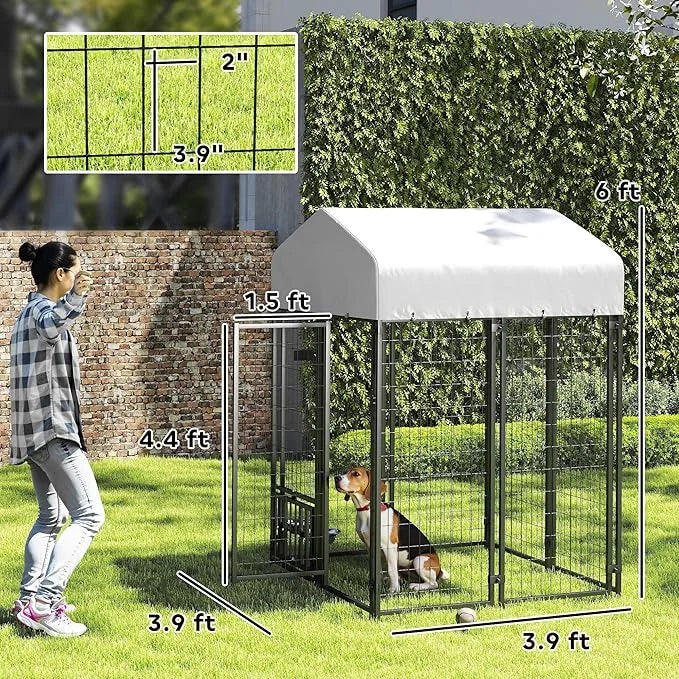 PawHut 3.9' x 3.9' x 6' Outdoor Dog Kennel, Welded Wire Heavy Duty Dog Run with 360° Rotating & 4 Level Adjustable Bowls, ...