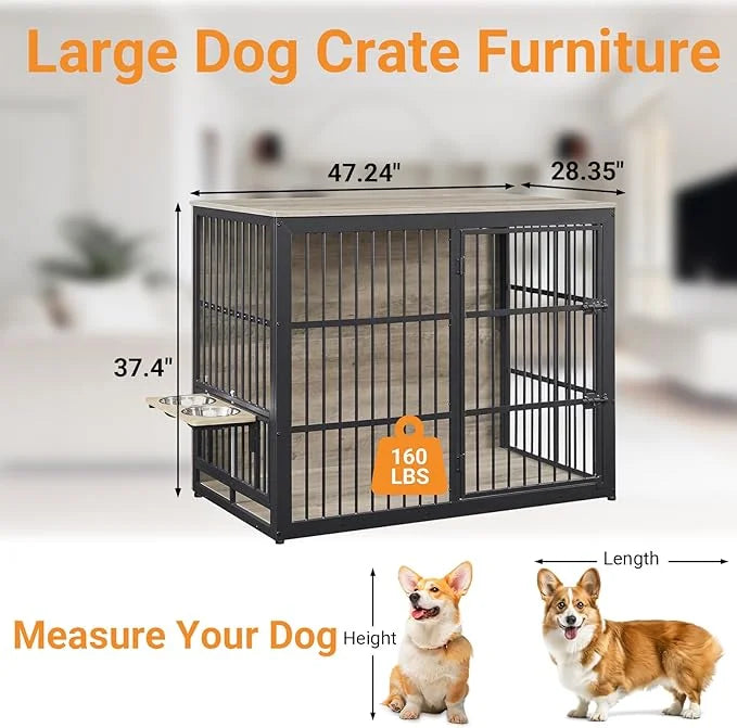 Dog Crate Furniture, 48 Inch Dog Kennel Furniture, Wooden ๐og Crate Furniture Large Breed with Rotating ๐og Bowls, Heavy D...