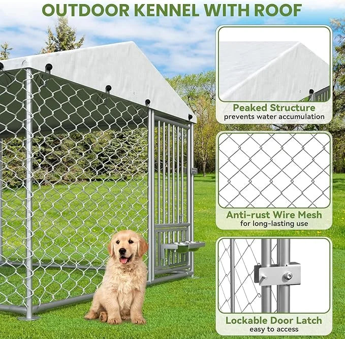 6.7 x 6.7 ft Dog Kennel Outside - Outdoor Dog Kennel with Roof, Heavy Duty Outdoor Dog Kennel with Rotating Feeding Bowls,...