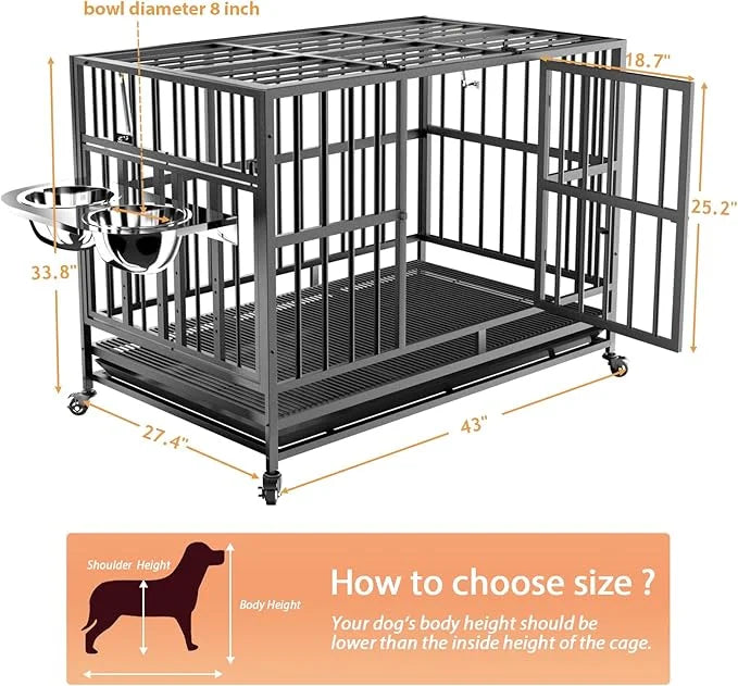 LOVMOR 43" Heavy Duty Dog Crate with Unique Air Lift Rod/Wheels/ 360° & Adjustable 2 Bowls, Extra Medium Dog Crate - Produ...