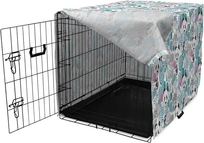 Lunarable Panda Dog Crate Cover, Portraits of Chinese Bears on Sketch Flowers and Abstract Circular Shapes, Easy to Use Pe...