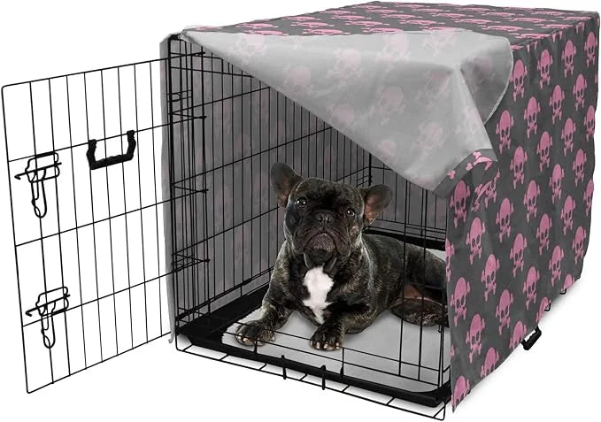 Lunarable Skull Dog Crate Cover, Vivid Pirate on Pale Background Head of a Skeleton and Bones Halloween Themed, Easy to Us...