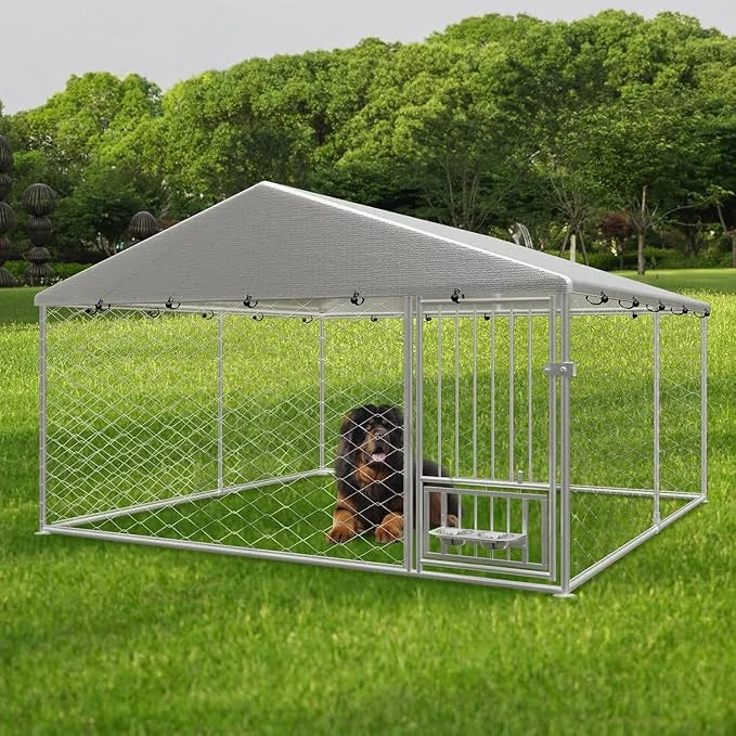 Large Outdoor Dog Kennel, Heavy Duty Galvanized Steel Dog Enclosure with Swivel Feeder, Chicken Coop w/Waterproof UV-Resis...