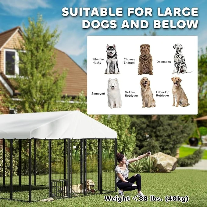 PawHut 9.8' x 9.8' x 6.8' Outdoor Dog Kennel, Welded Wire Heavy Duty Dog Run with 360° Rotating & 4 Level Adjustable Bowls...
