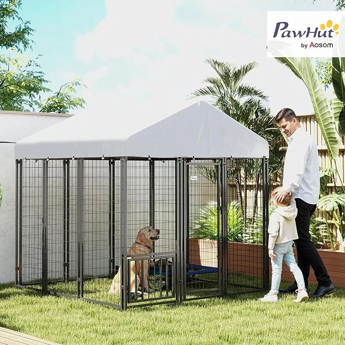 PawHut 5.9' x 5.9' x 6' Outdoor Dog Kennel, Welded Wire Heavy Duty Dog Run with 360° Rotating & 4 Level Adjustable Bowls, ...