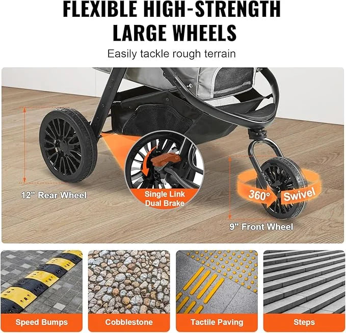 VEVOR Large Pet Stroller for Dogs Cats up to 75lbs, 3 Wheels Folding Cat Dog Stroller, Portable Pet Jogging Stroller with ...