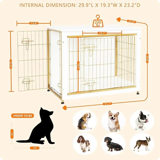 DWANTON Dog Crate Furniture with Cushion, Wooden Kennel Table with Double Doors, Indoor Dog House, Medium Size, 32.5" L, W...