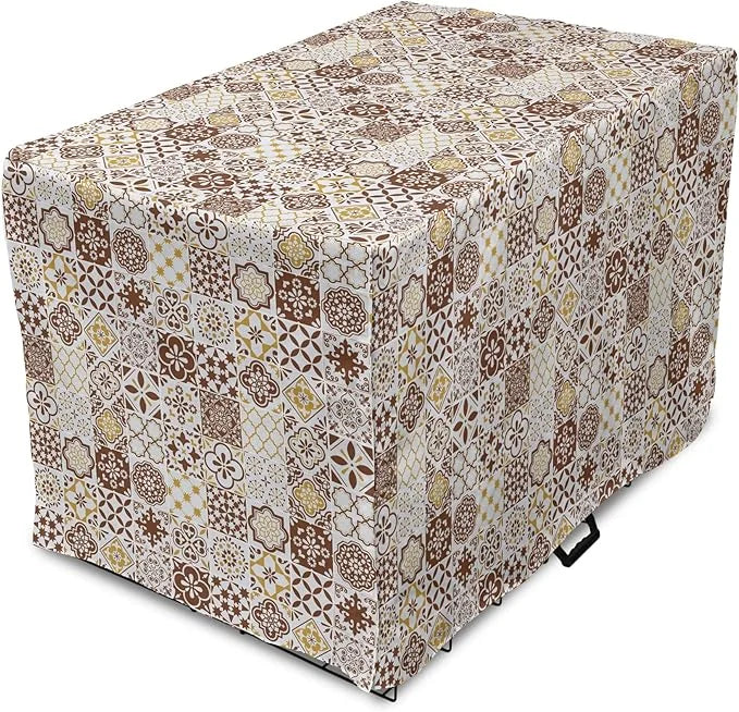 Lunarable Ethnic Dog Crate Cover, Portuguese Azulejo Mosaics with Floral Scrolls Retro Mediterranean, Easy to Use Pet Kenn...