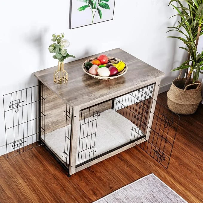 DWANTON Dog Crate Furniture with Cushion, Wooden Kennel Table with Double Doors, Indoor Dog House, Medium Size, 32.5" L, G...