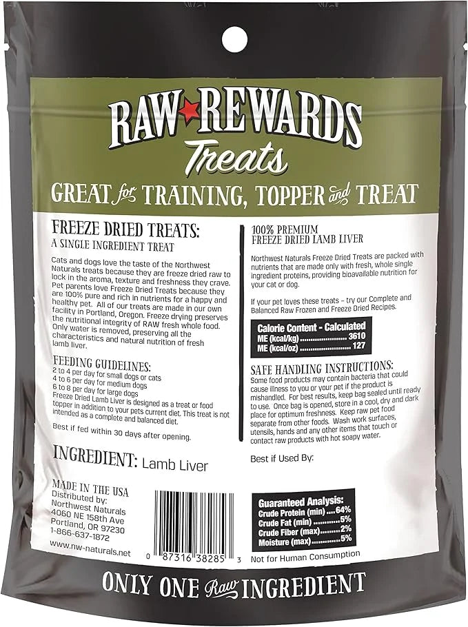 Northwest Naturals Raw Rewards Freeze-Dried Lamb Liver Treats for Dogs and Cats - Bite-Sized Pieces - Healthy, 1 Ingredien...
