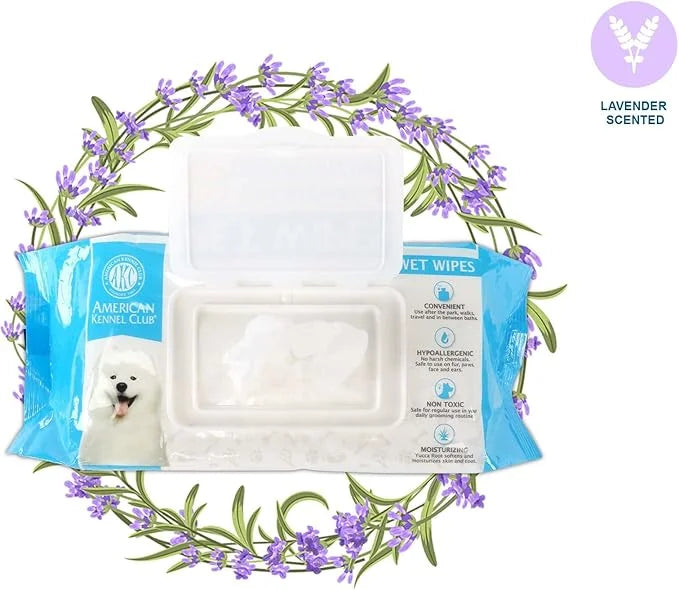 American Kennel Club AKC Dog Wipes for Cleansing & Deodorizing Great for Face, Ears, Paws, Body, & Butt - Lavender Scented...