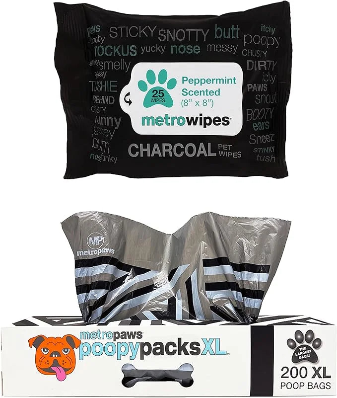 MetroPaws Peppermint Dog Wipes, 25 Extra Large, Thick Cleaning Wipes & Waste Packs XL - 200 Extra Large Dog Bags, Leakproo...