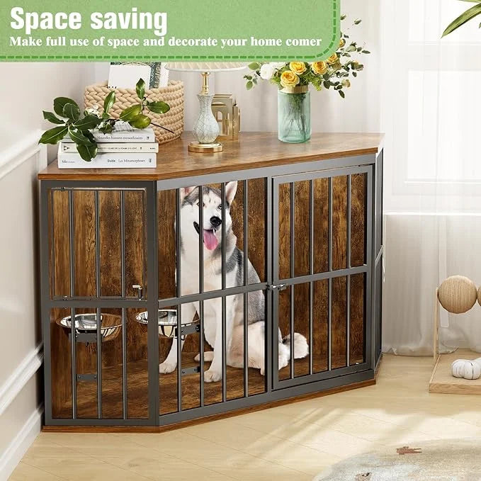 Large Dog Crate Furniture, 53โ Heavy Duty Corner Dog Crate with 2 Stainless Steel Bowls, Dog Kennel Furniture Style House,...