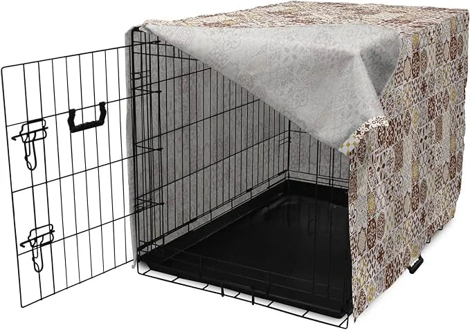 Lunarable Ethnic Dog Crate Cover, Portuguese Azulejo Mosaics with Floral Scrolls Retro Mediterranean, Easy to Use Pet Kenn...