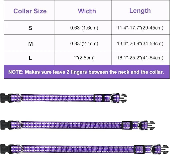 AUAUY Reflective Nylon Dog Collars, Adjustable Classic Pet Collars with Soft Neoprene Padding, Double Security Dual D-Ring...