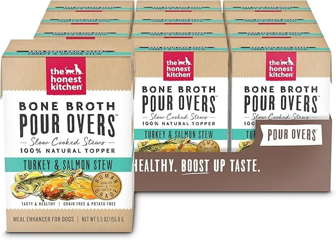 The Honest Kitchen Bone Broth POUR OVERS™ Wet Toppers for Dogs (12 pack), 5.5oz - Turkey & Salmon Stew - Product Image
