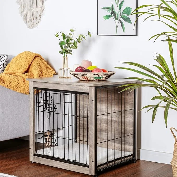 DWANTON Dog Crate Furniture with Cushion, Wooden Kennel Table with Double Doors, Indoor Dog House, Small/Medium/Large/Extr...
