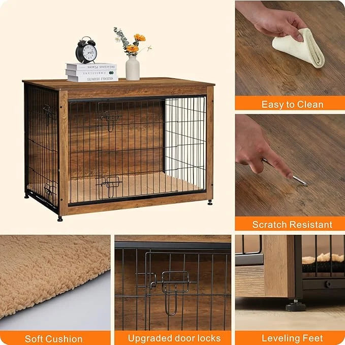 DWANTON Dog Crate Furniture with Cushion, Wooden Kennel Table with Double Doors, Indoor Dog House, Large Size, 38.5" L, Wa...