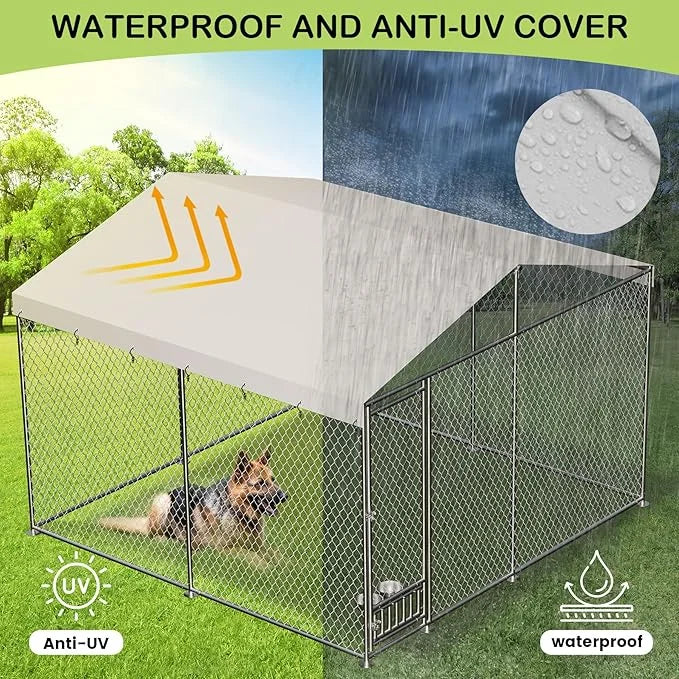 10x10x7 Ft Outdoor Dog Kennel, Heavy Duty Outside Dog Kennel with Waterproof and Anti-UV Roof Cover, Large Dog Enclosures ...