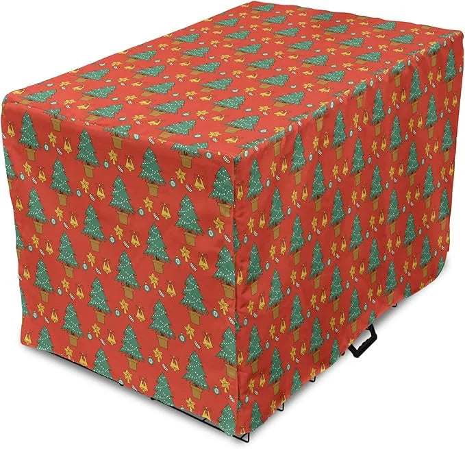 Lunarable Christmas Dog Crate Cover, Baubles Jingle Bells Pine Trees Motifs Colorful Composition Print, Easy to Use Pet Ke...